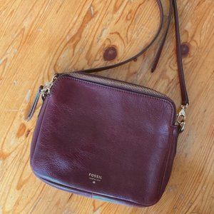 Fossil Burgundy Wine Leather Zipper Crossbody Bag